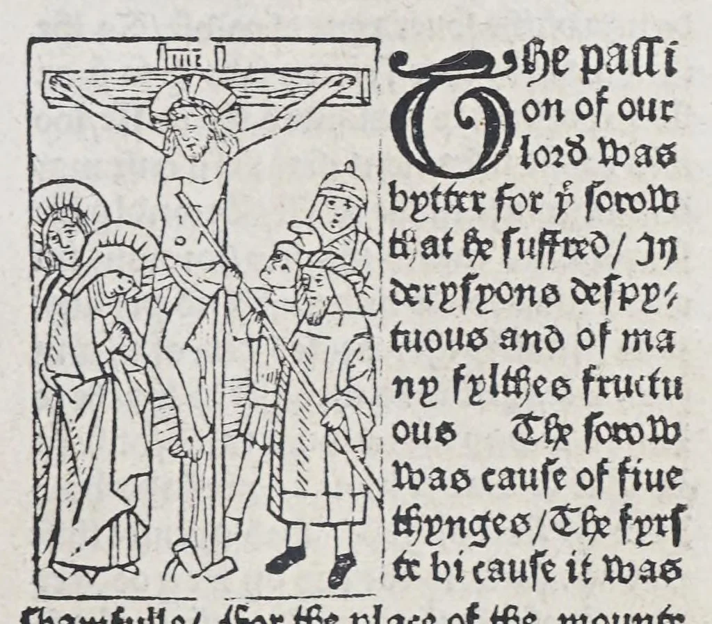 An illustration from Here begynneth the legende named in Latyn Legenda aurea, : that is to say in Englysshe the Golden legende : for lyke as passeth golde in valewe al other metallys, soo thys legende excedeth all other bokes, leaf 47