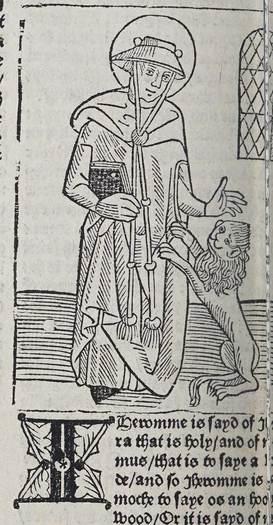 An illustration from Here begynneth the legende named in Latyn Legenda aurea, : that is to say in Englysshe the Golden legende : for lyke as passeth golde in valewe al other metallys, soo thys legende excedeth all other bokes, leaf 590