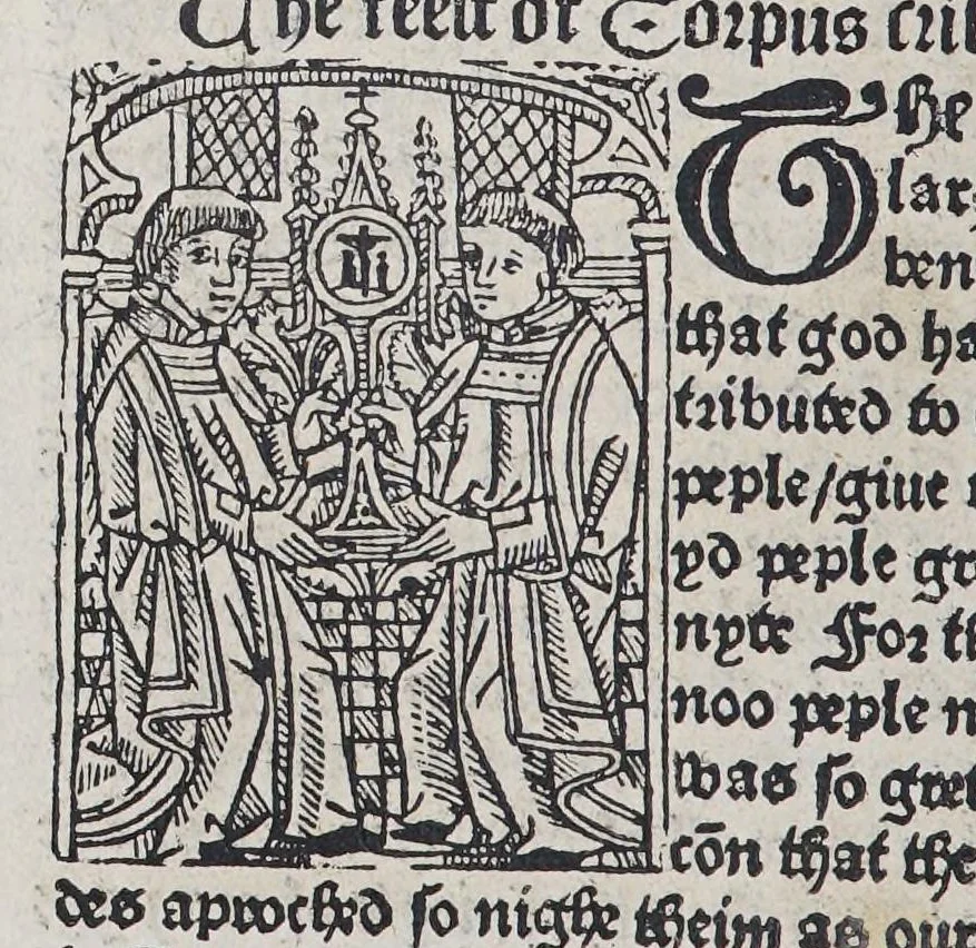 An illustration from Here begynneth the legende named in Latyn Legenda aurea, : that is to say in Englysshe the Golden legende : for lyke as passeth golde in valewe al other metallys, soo thys legende excedeth all other bokes, leaf 84