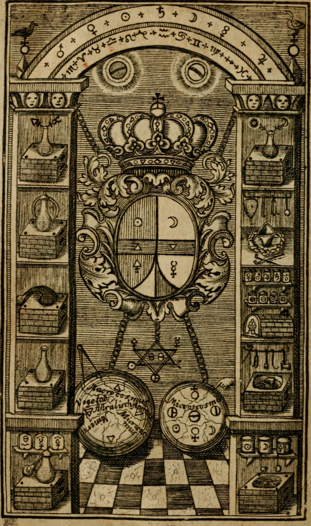 An illustration from Hermetischer Triumph-Bogen, auf zweyen Wunder-Säulen der grossen und kleinen Welt bevestiget : das ist, zwey Tractätlein von der wahren, ewigen und einigen Weisheit zu des Menschen zeitlichem und ewigem Wohlseyn : das erste, genannt Cabbala mystica naturae, handelnd von dem feurigen Liebes-Saltze der göttlichen Barmhertzigkeit, sonst genannt lapis philosophorum : und das zweyte, Occulta occultissime, handelnd von der ersten materia lapidis philosophorum, und von dem Menschen, sonderlich aber von ihrer Reinigung, um sie zu dem Endzweck der Weisheit zu befördern, 1741, leaf 1