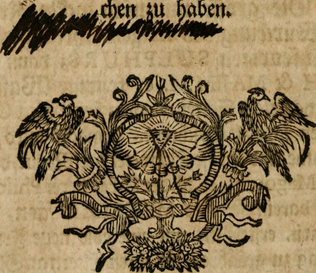 An illustration from Hermetischer Triumph-Bogen, auf zweyen Wunder-Säulen der grossen und kleinen Welt bevestiget : das ist, zwey Tractätlein von der wahren, ewigen und einigen Weisheit zu des Menschen zeitlichem und ewigem Wohlseyn : das erste, genannt Cabbala mystica naturae, handelnd von dem feurigen Liebes-Saltze der göttlichen Barmhertzigkeit, sonst genannt lapis philosophorum : und das zweyte, Occulta occultissime, handelnd von der ersten materia lapidis philosophorum, und von dem Menschen, sonderlich aber von ihrer Reinigung, um sie zu dem Endzweck der Weisheit zu befördern, 1741, leaf 105