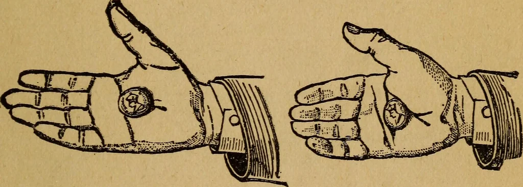 An illustration from Herrmann's wizards' manual; a practical treatise on coin tricks, 1916, leaf 16