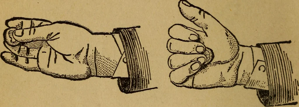 An illustration from Herrmann's wizards' manual; a practical treatise on coin tricks, 1916, leaf 17