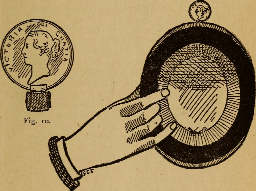 An illustration from Herrmann's wizards' manual; a practical treatise on coin tricks, 1916, leaf 28