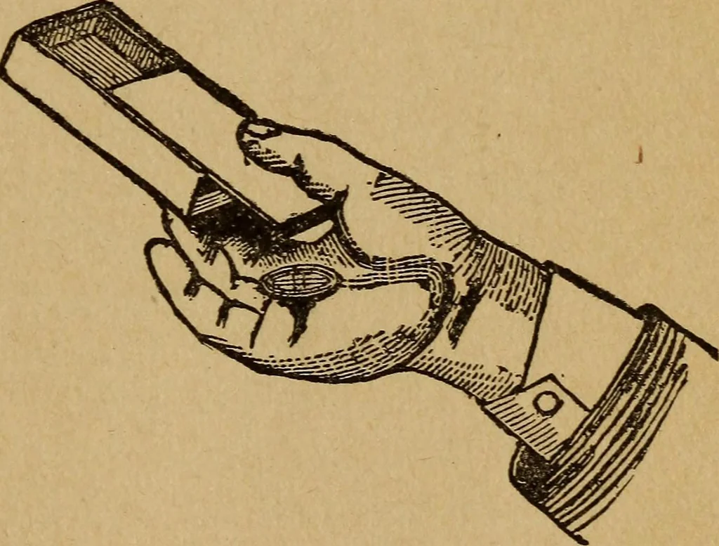 An illustration from Herrmann's wizards' manual; a practical treatise on coin tricks, 1916, leaf 38