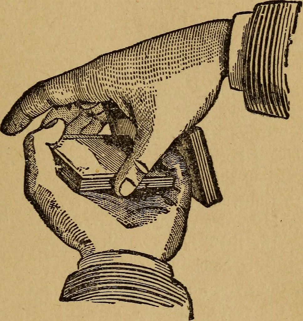 An illustration from Herrmann's wizards' manual; a practical treatise on coin tricks, 1916, leaf 46