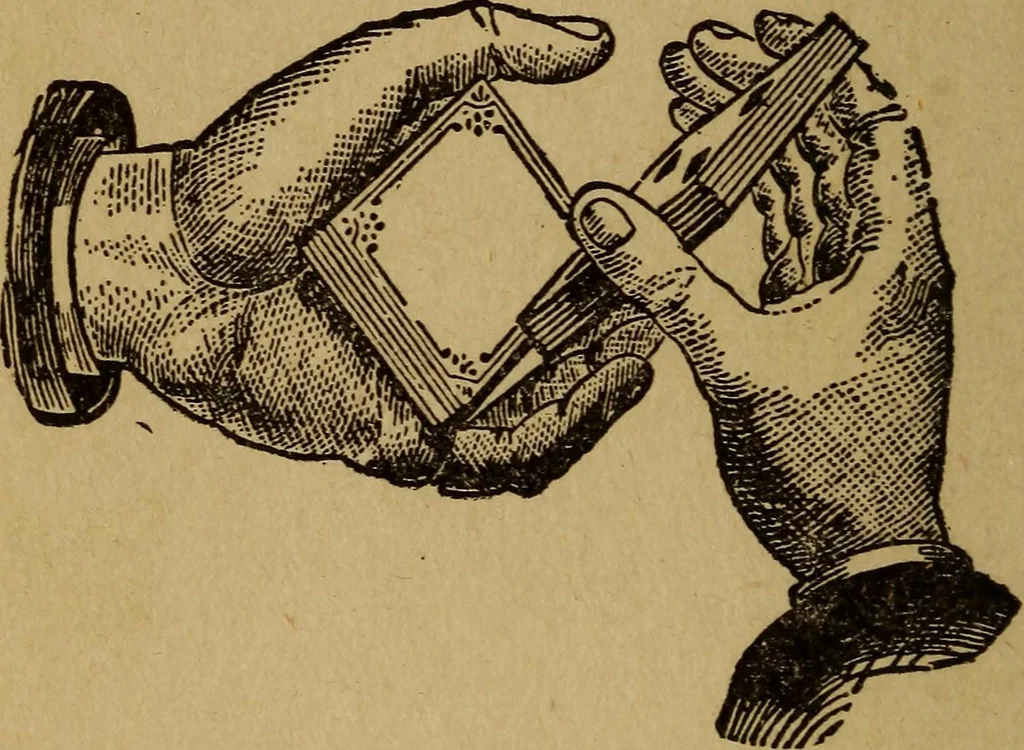 An illustration from Herrmann's wizards' manual; a practical treatise on coin tricks, 1916, leaf 49