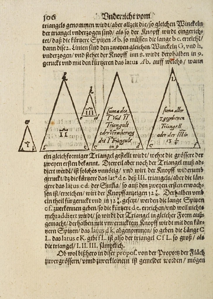 An illustration from Herrn Georgij Galgemairs Kurtzer gründlicher gebesserter vnnd vermehrter Vnderricht, Zubereitung vnd Gebrauch, der hochnutzlichen mathematischen Instrumenten, proportional Schregmäss vnd Circkels, benebens dem Fundament dess Visierens, allen Kunstliebenden zu sonderen Ehren vnnd Wolgefallen, von H. Georg Brentel ... new herfür geben, vnnd durch Verlag Stephani Michelspachers an Tag gebracht., 1615, leaf 120