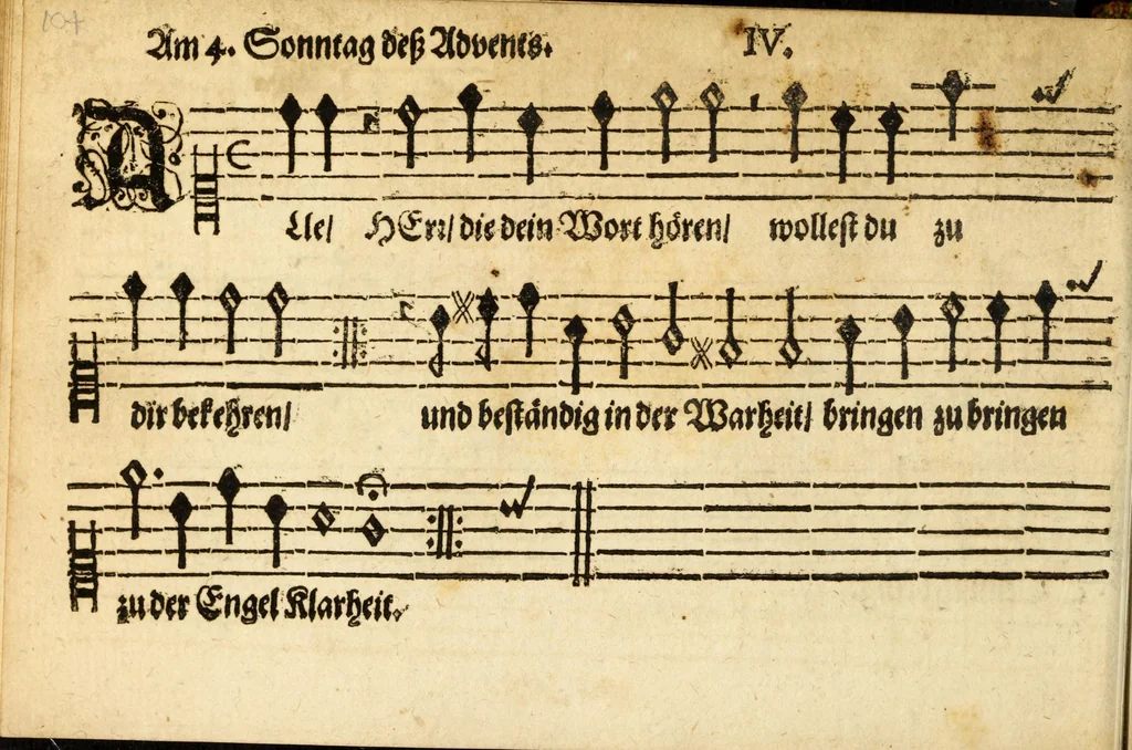 An illustration from Herrn J.M. Dilherrns Predigers bey S. Sebald Evangelischer Schlussreimen der Predigen : so er im Jahr 1649[-1651] gehalten, mit dreyen singenden Stimmen, zweyen Discanten, einem Bass mit Numeris und Signis gezeichnet zu einem Positiv, Regal, Spinet, Clavicymbel oder Theorb, 1652, leaf 106
