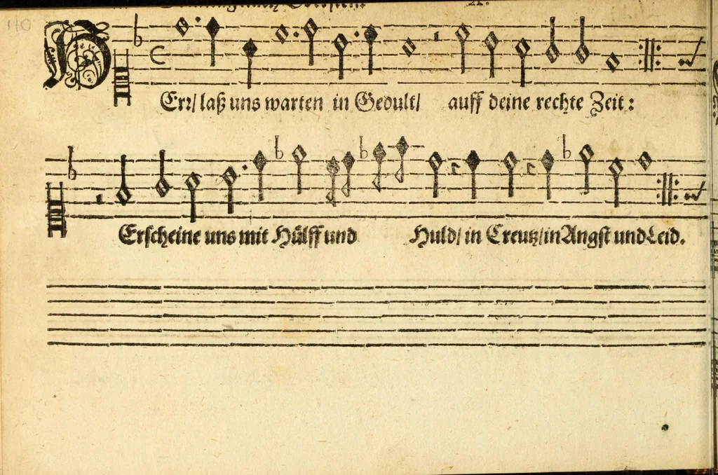 An illustration from Herrn J.M. Dilherrns Predigers bey S. Sebald Evangelischer Schlussreimen der Predigen : so er im Jahr 1649[-1651] gehalten, mit dreyen singenden Stimmen, zweyen Discanten, einem Bass mit Numeris und Signis gezeichnet zu einem Positiv, Regal, Spinet, Clavicymbel oder Theorb, 1652, leaf 112