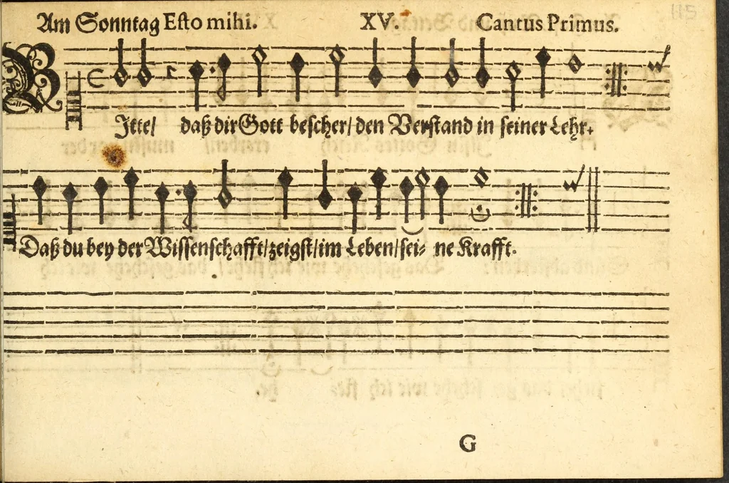An illustration from Herrn J.M. Dilherrns Predigers bey S. Sebald Evangelischer Schlussreimen der Predigen : so er im Jahr 1649[-1651] gehalten, mit dreyen singenden Stimmen, zweyen Discanten, einem Bass mit Numeris und Signis gezeichnet zu einem Positiv, Regal, Spinet, Clavicymbel oder Theorb, 1652, leaf 117