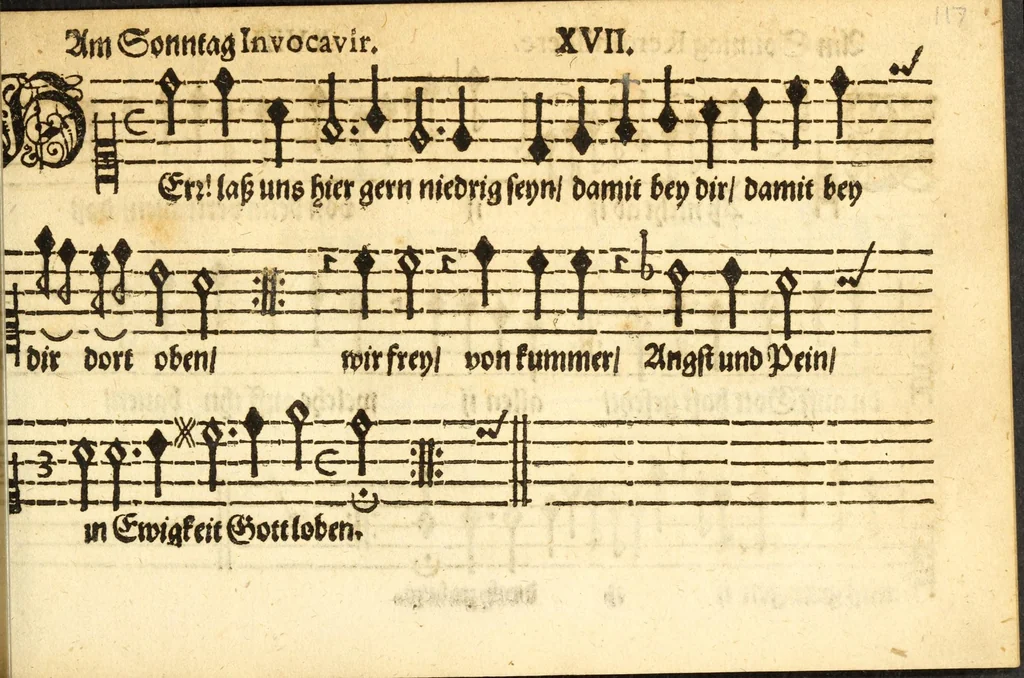 An illustration from Herrn J.M. Dilherrns Predigers bey S. Sebald Evangelischer Schlussreimen der Predigen : so er im Jahr 1649[-1651] gehalten, mit dreyen singenden Stimmen, zweyen Discanten, einem Bass mit Numeris und Signis gezeichnet zu einem Positiv, Regal, Spinet, Clavicymbel oder Theorb, 1652, leaf 119