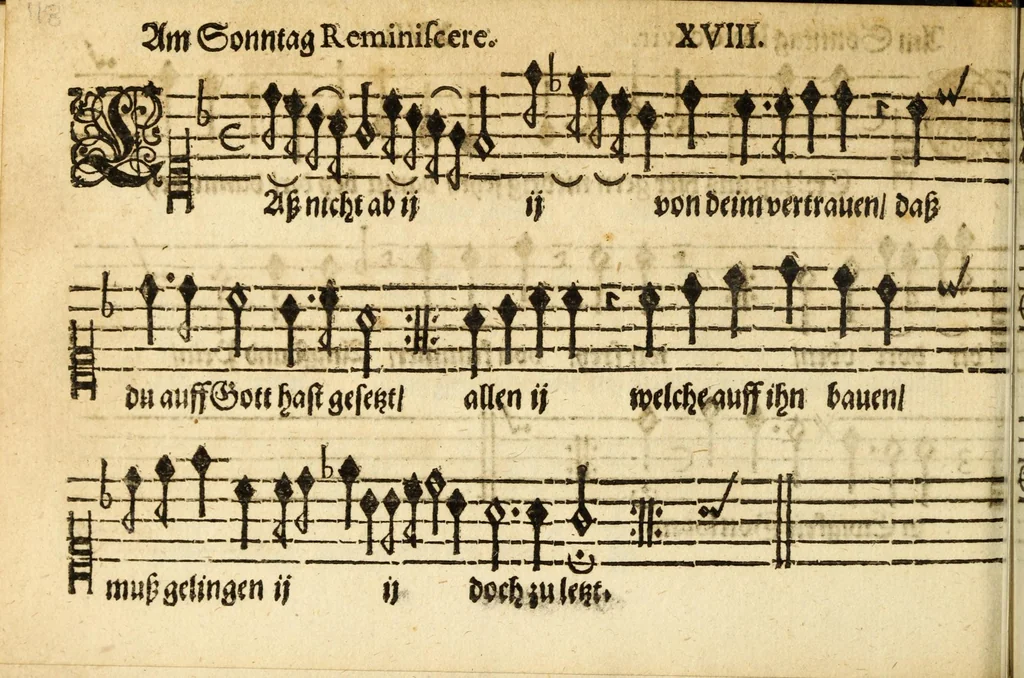 An illustration from Herrn J.M. Dilherrns Predigers bey S. Sebald Evangelischer Schlussreimen der Predigen : so er im Jahr 1649[-1651] gehalten, mit dreyen singenden Stimmen, zweyen Discanten, einem Bass mit Numeris und Signis gezeichnet zu einem Positiv, Regal, Spinet, Clavicymbel oder Theorb, 1652, leaf 120