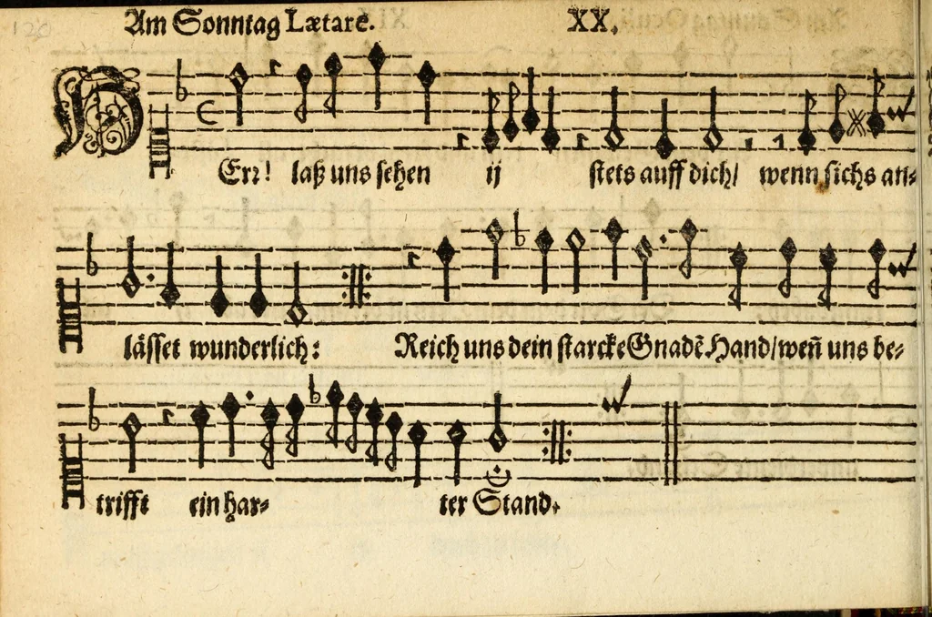 An illustration from Herrn J.M. Dilherrns Predigers bey S. Sebald Evangelischer Schlussreimen der Predigen : so er im Jahr 1649[-1651] gehalten, mit dreyen singenden Stimmen, zweyen Discanten, einem Bass mit Numeris und Signis gezeichnet zu einem Positiv, Regal, Spinet, Clavicymbel oder Theorb, 1652, leaf 122