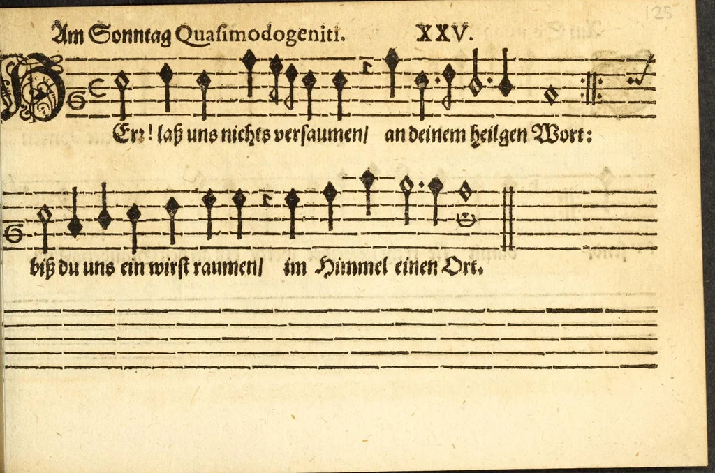 An illustration from Herrn J.M. Dilherrns Predigers bey S. Sebald Evangelischer Schlussreimen der Predigen : so er im Jahr 1649[-1651] gehalten, mit dreyen singenden Stimmen, zweyen Discanten, einem Bass mit Numeris und Signis gezeichnet zu einem Positiv, Regal, Spinet, Clavicymbel oder Theorb, 1652, leaf 127