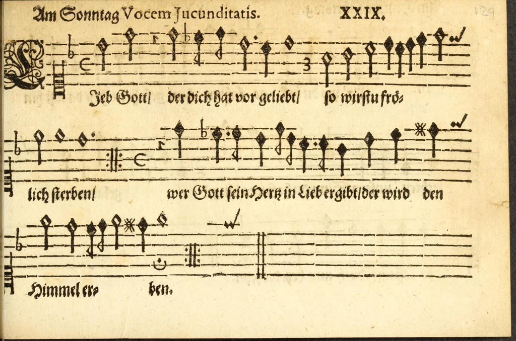 An illustration from Herrn J.M. Dilherrns Predigers bey S. Sebald Evangelischer Schlussreimen der Predigen : so er im Jahr 1649[-1651] gehalten, mit dreyen singenden Stimmen, zweyen Discanten, einem Bass mit Numeris und Signis gezeichnet zu einem Positiv, Regal, Spinet, Clavicymbel oder Theorb, 1652, leaf 131