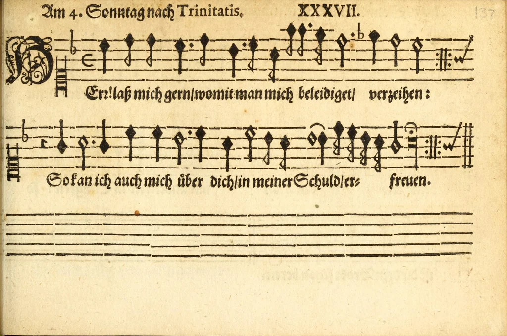 An illustration from Herrn J.M. Dilherrns Predigers bey S. Sebald Evangelischer Schlussreimen der Predigen : so er im Jahr 1649[-1651] gehalten, mit dreyen singenden Stimmen, zweyen Discanten, einem Bass mit Numeris und Signis gezeichnet zu einem Positiv, Regal, Spinet, Clavicymbel oder Theorb, 1652, leaf 139