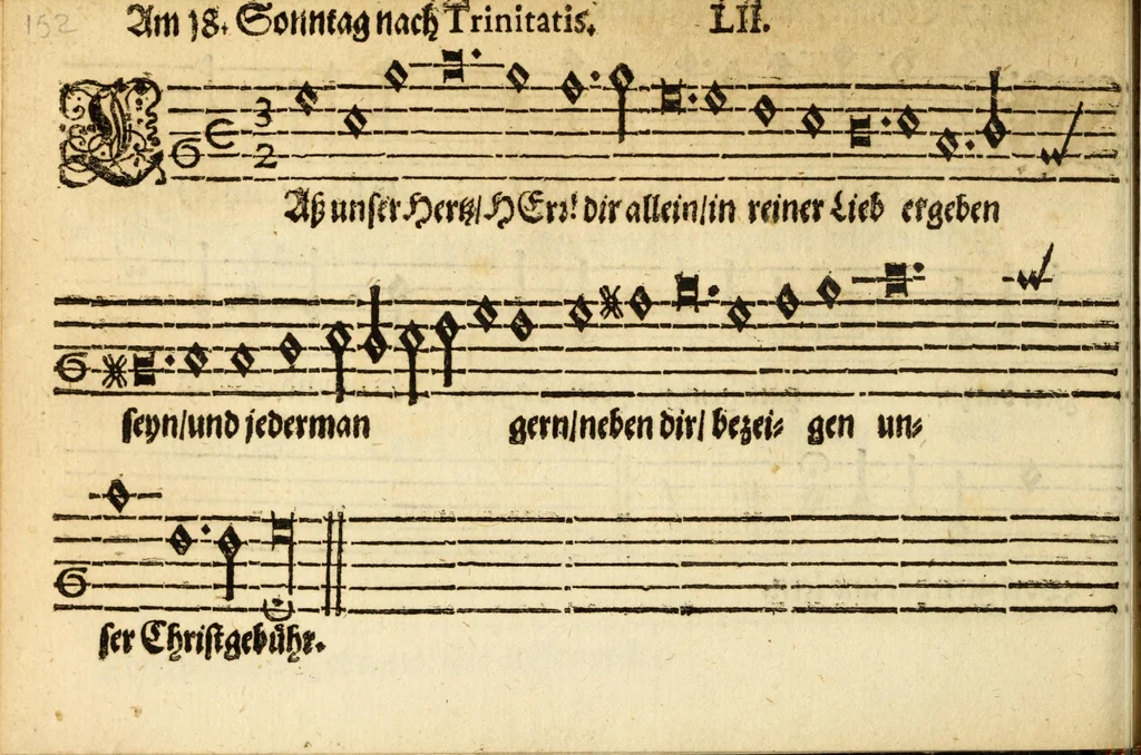 An illustration from Herrn J.M. Dilherrns Predigers bey S. Sebald Evangelischer Schlussreimen der Predigen : so er im Jahr 1649[-1651] gehalten, mit dreyen singenden Stimmen, zweyen Discanten, einem Bass mit Numeris und Signis gezeichnet zu einem Positiv, Regal, Spinet, Clavicymbel oder Theorb, 1652, leaf 154
