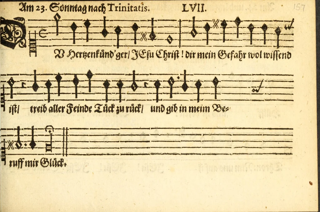 An illustration from Herrn J.M. Dilherrns Predigers bey S. Sebald Evangelischer Schlussreimen der Predigen : so er im Jahr 1649[-1651] gehalten, mit dreyen singenden Stimmen, zweyen Discanten, einem Bass mit Numeris und Signis gezeichnet zu einem Positiv, Regal, Spinet, Clavicymbel oder Theorb, 1652, leaf 159