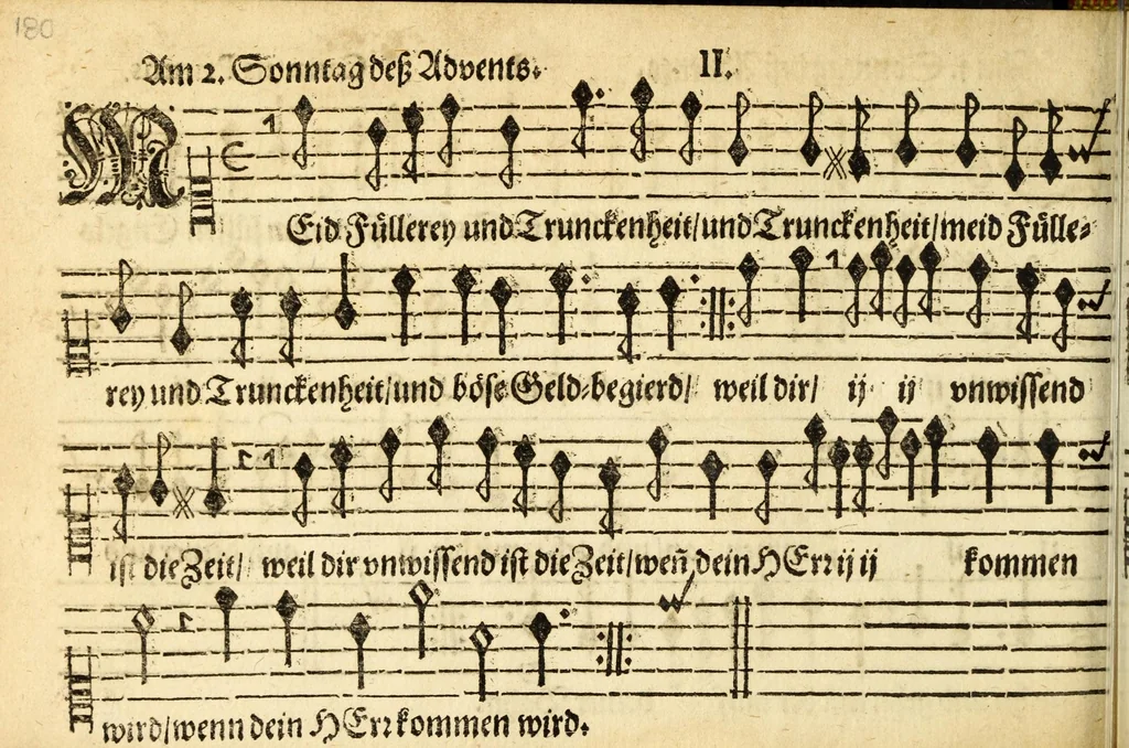 An illustration from Herrn J.M. Dilherrns Predigers bey S. Sebald Evangelischer Schlussreimen der Predigen : so er im Jahr 1649[-1651] gehalten, mit dreyen singenden Stimmen, zweyen Discanten, einem Bass mit Numeris und Signis gezeichnet zu einem Positiv, Regal, Spinet, Clavicymbel oder Theorb, 1652, leaf 182