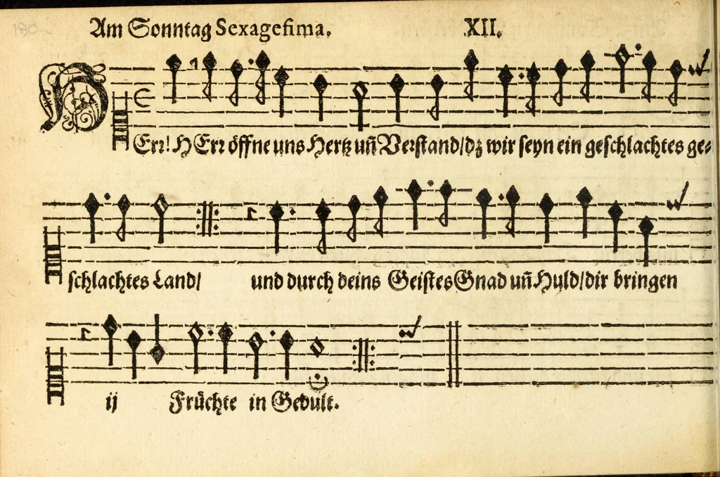 An illustration from Herrn J.M. Dilherrns Predigers bey S. Sebald Evangelischer Schlussreimen der Predigen : so er im Jahr 1649[-1651] gehalten, mit dreyen singenden Stimmen, zweyen Discanten, einem Bass mit Numeris und Signis gezeichnet zu einem Positiv, Regal, Spinet, Clavicymbel oder Theorb, 1652, leaf 192
