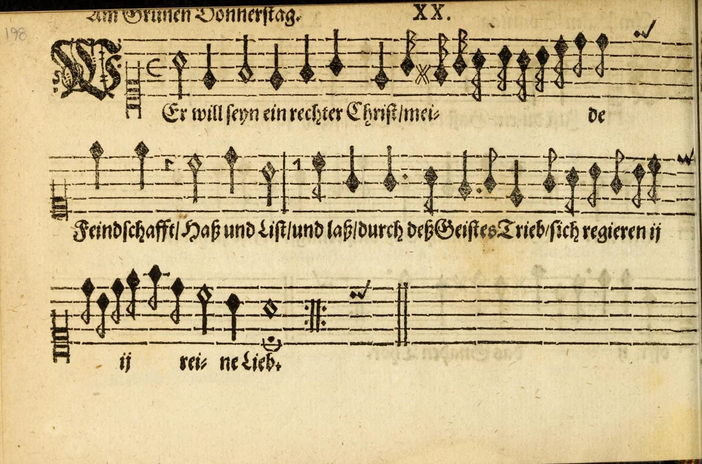 An illustration from Herrn J.M. Dilherrns Predigers bey S. Sebald Evangelischer Schlussreimen der Predigen : so er im Jahr 1649[-1651] gehalten, mit dreyen singenden Stimmen, zweyen Discanten, einem Bass mit Numeris und Signis gezeichnet zu einem Positiv, Regal, Spinet, Clavicymbel oder Theorb, 1652, leaf 200