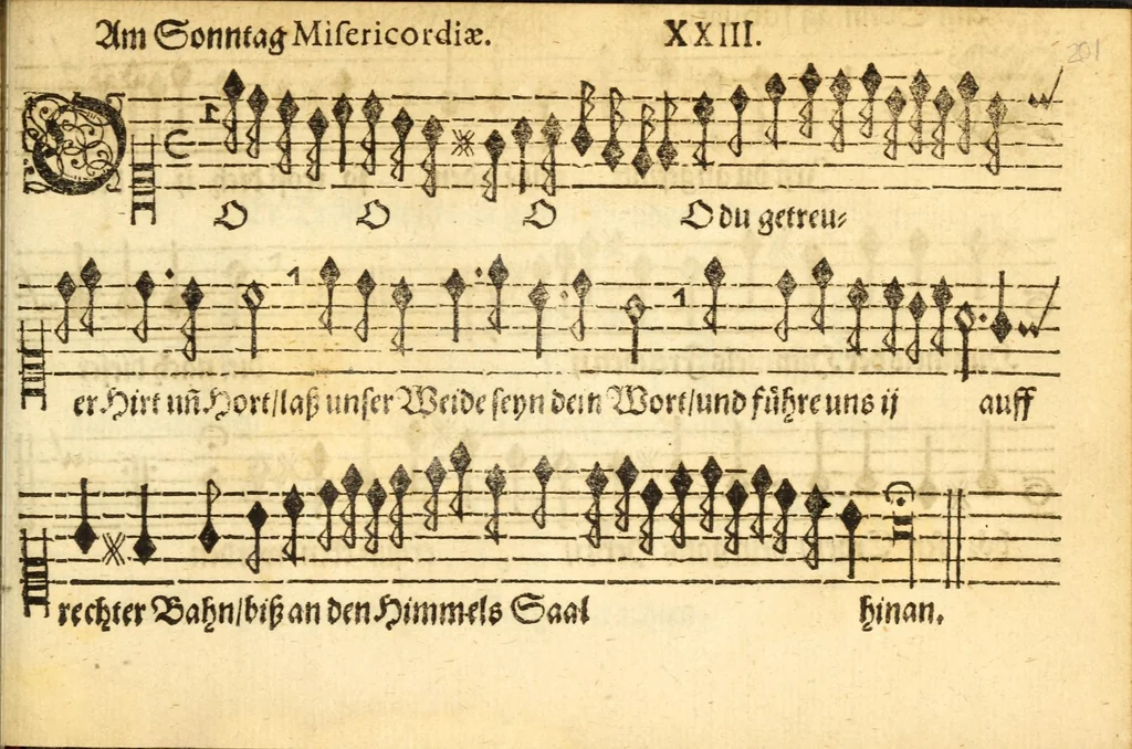 An illustration from Herrn J.M. Dilherrns Predigers bey S. Sebald Evangelischer Schlussreimen der Predigen : so er im Jahr 1649[-1651] gehalten, mit dreyen singenden Stimmen, zweyen Discanten, einem Bass mit Numeris und Signis gezeichnet zu einem Positiv, Regal, Spinet, Clavicymbel oder Theorb, 1652, leaf 203