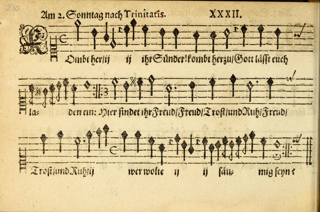 An illustration from Herrn J.M. Dilherrns Predigers bey S. Sebald Evangelischer Schlussreimen der Predigen : so er im Jahr 1649[-1651] gehalten, mit dreyen singenden Stimmen, zweyen Discanten, einem Bass mit Numeris und Signis gezeichnet zu einem Positiv, Regal, Spinet, Clavicymbel oder Theorb, 1652, leaf 212