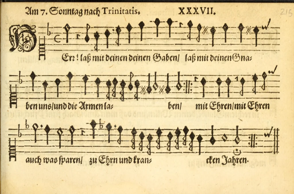 An illustration from Herrn J.M. Dilherrns Predigers bey S. Sebald Evangelischer Schlussreimen der Predigen : so er im Jahr 1649[-1651] gehalten, mit dreyen singenden Stimmen, zweyen Discanten, einem Bass mit Numeris und Signis gezeichnet zu einem Positiv, Regal, Spinet, Clavicymbel oder Theorb, 1652, leaf 217