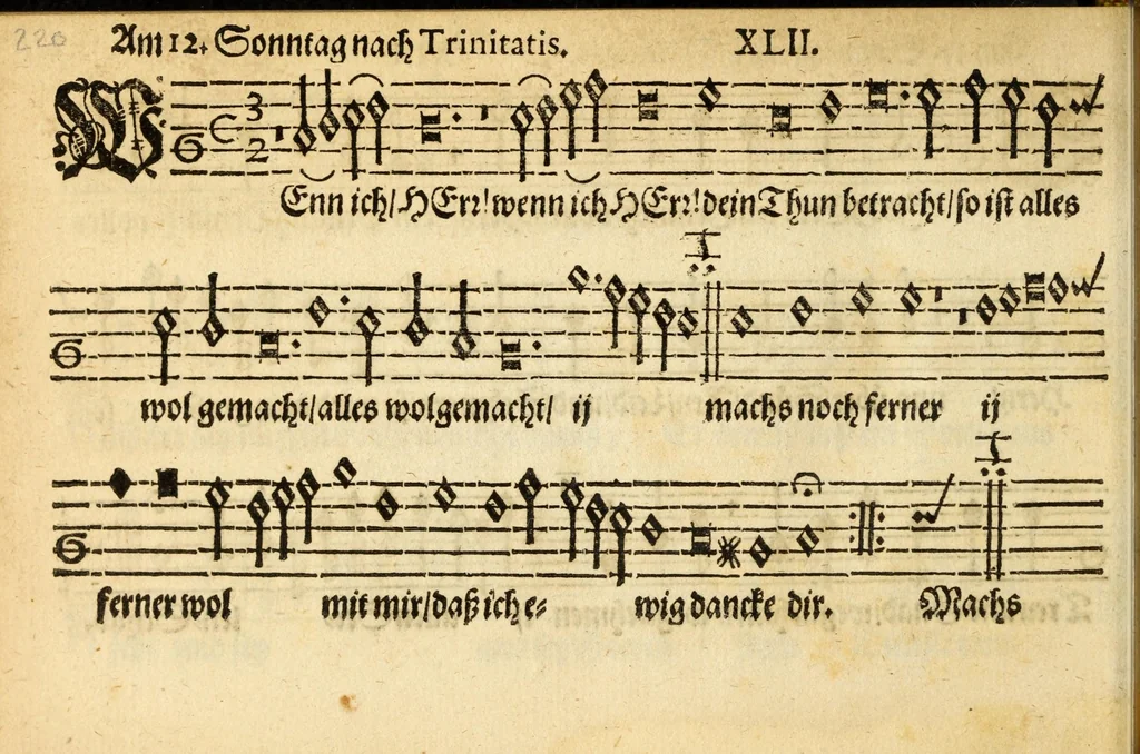 An illustration from Herrn J.M. Dilherrns Predigers bey S. Sebald Evangelischer Schlussreimen der Predigen : so er im Jahr 1649[-1651] gehalten, mit dreyen singenden Stimmen, zweyen Discanten, einem Bass mit Numeris und Signis gezeichnet zu einem Positiv, Regal, Spinet, Clavicymbel oder Theorb, 1652, leaf 222