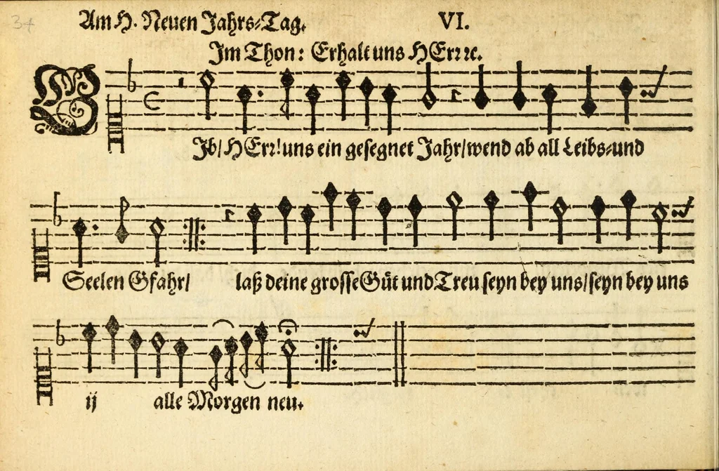 An illustration from Herrn J.M. Dilherrns Predigers bey S. Sebald Evangelischer Schlussreimen der Predigen : so er im Jahr 1649[-1651] gehalten, mit dreyen singenden Stimmen, zweyen Discanten, einem Bass mit Numeris und Signis gezeichnet zu einem Positiv, Regal, Spinet, Clavicymbel oder Theorb, 1652, leaf 36
