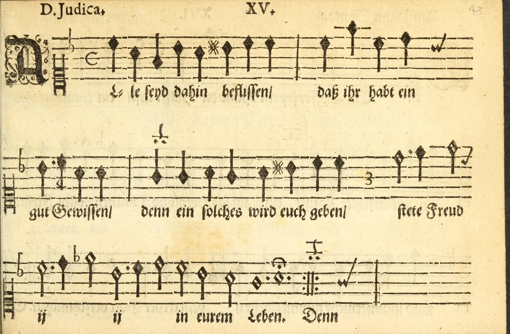 An illustration from Herrn J.M. Dilherrns Predigers bey S. Sebald Evangelischer Schlussreimen der Predigen : so er im Jahr 1649[-1651] gehalten, mit dreyen singenden Stimmen, zweyen Discanten, einem Bass mit Numeris und Signis gezeichnet zu einem Positiv, Regal, Spinet, Clavicymbel oder Theorb, 1652, leaf 45