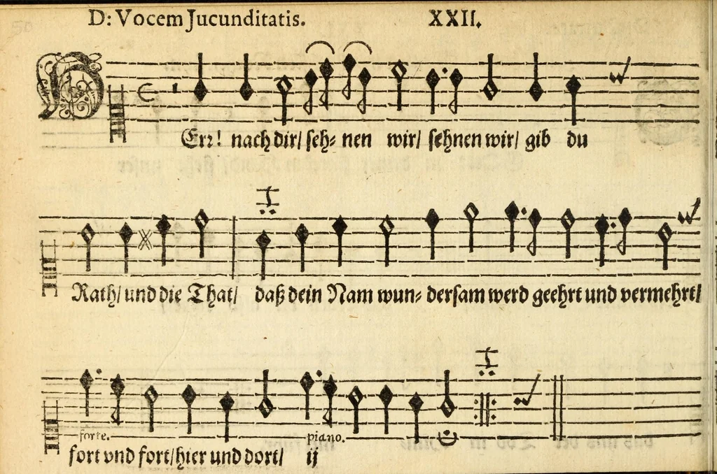 An illustration from Herrn J.M. Dilherrns Predigers bey S. Sebald Evangelischer Schlussreimen der Predigen : so er im Jahr 1649[-1651] gehalten, mit dreyen singenden Stimmen, zweyen Discanten, einem Bass mit Numeris und Signis gezeichnet zu einem Positiv, Regal, Spinet, Clavicymbel oder Theorb, 1652, leaf 52