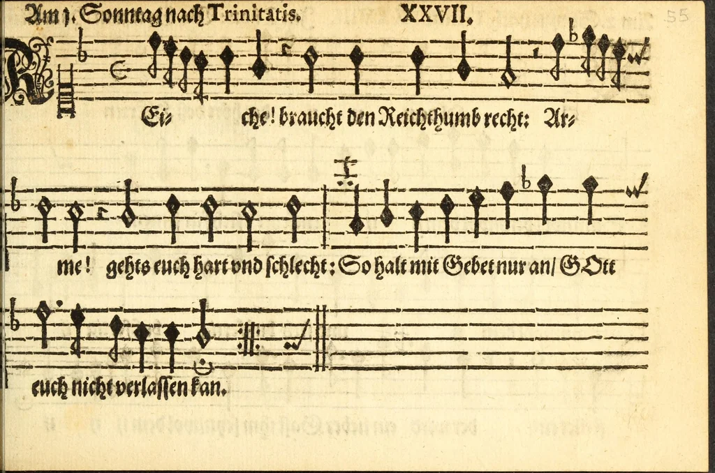 An illustration from Herrn J.M. Dilherrns Predigers bey S. Sebald Evangelischer Schlussreimen der Predigen : so er im Jahr 1649[-1651] gehalten, mit dreyen singenden Stimmen, zweyen Discanten, einem Bass mit Numeris und Signis gezeichnet zu einem Positiv, Regal, Spinet, Clavicymbel oder Theorb, 1652, leaf 57