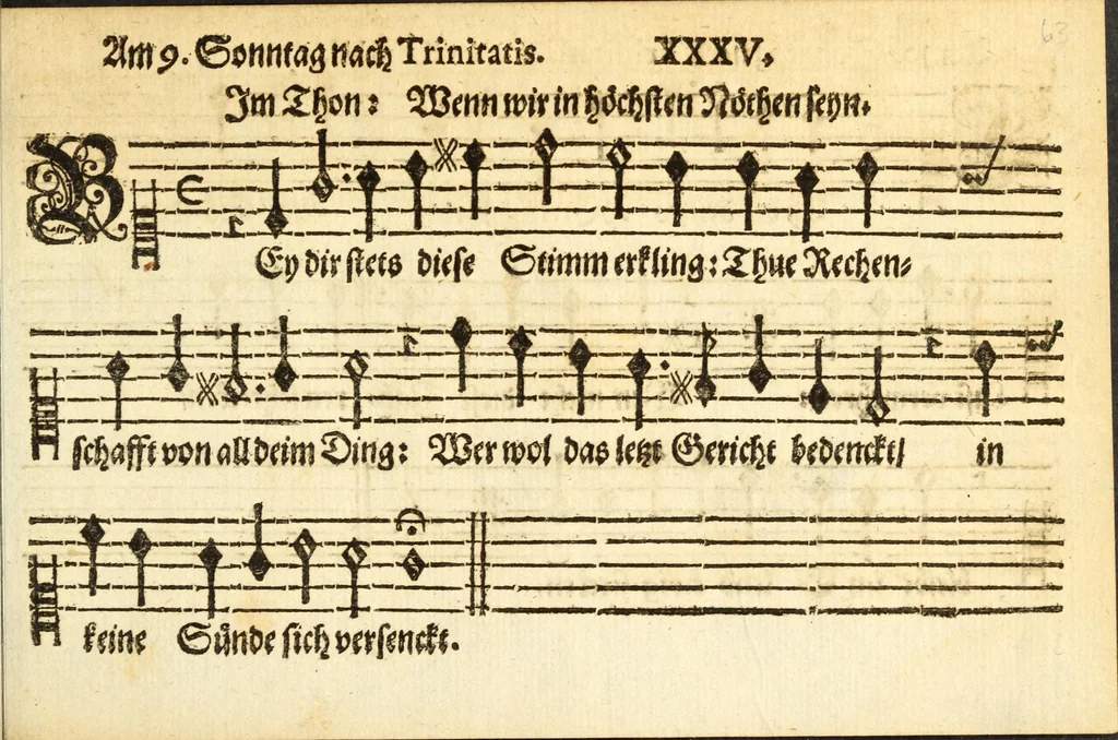 An illustration from Herrn J.M. Dilherrns Predigers bey S. Sebald Evangelischer Schlussreimen der Predigen : so er im Jahr 1649[-1651] gehalten, mit dreyen singenden Stimmen, zweyen Discanten, einem Bass mit Numeris und Signis gezeichnet zu einem Positiv, Regal, Spinet, Clavicymbel oder Theorb, 1652, leaf 65