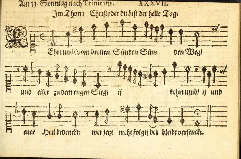 An illustration from Herrn J.M. Dilherrns Predigers bey S. Sebald Evangelischer Schlussreimen der Predigen : so er im Jahr 1649[-1651] gehalten, mit dreyen singenden Stimmen, zweyen Discanten, einem Bass mit Numeris und Signis gezeichnet zu einem Positiv, Regal, Spinet, Clavicymbel oder Theorb, 1652, leaf 67