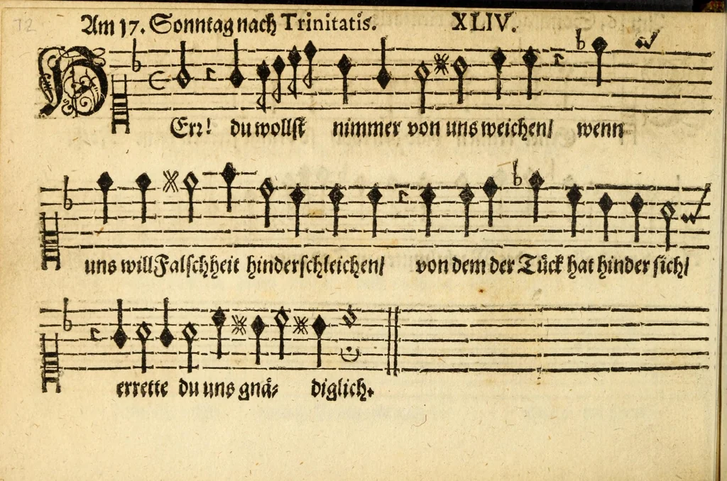 An illustration from Herrn J.M. Dilherrns Predigers bey S. Sebald Evangelischer Schlussreimen der Predigen : so er im Jahr 1649[-1651] gehalten, mit dreyen singenden Stimmen, zweyen Discanten, einem Bass mit Numeris und Signis gezeichnet zu einem Positiv, Regal, Spinet, Clavicymbel oder Theorb, 1652, leaf 74