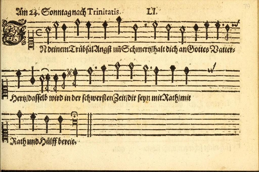 An illustration from Herrn J.M. Dilherrns Predigers bey S. Sebald Evangelischer Schlussreimen der Predigen : so er im Jahr 1649[-1651] gehalten, mit dreyen singenden Stimmen, zweyen Discanten, einem Bass mit Numeris und Signis gezeichnet zu einem Positiv, Regal, Spinet, Clavicymbel oder Theorb, 1652, leaf 81