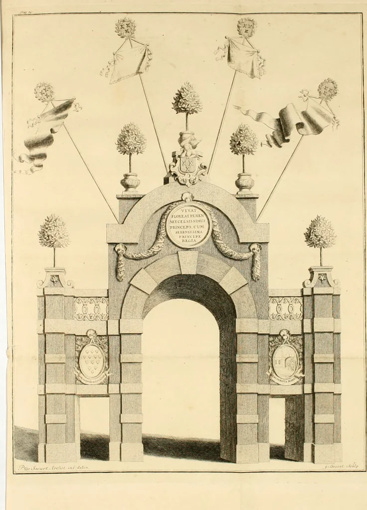An illustration from Het blyde Breda, ofte, Kort verhaal van de plegtige intrede van den allerdoorlugtigsten vorst Willem Carel Hendrik Friso, prince van Oranje en Nassau ... als heer en baron van Breda, ende haare koninklyke hoogheid Anna, kroonprincesse van Engeland, Schotland ... : geschied op den XIII. van herfst-maand, MDCCXXXVII, 1737, leaf 13