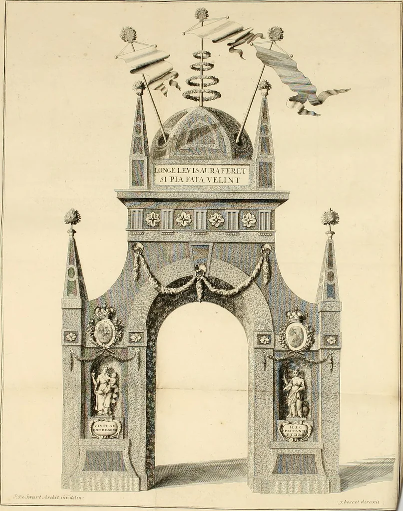 An illustration from Het blyde Breda, ofte, Kort verhaal van de plegtige intrede van den allerdoorlugtigsten vorst Willem Carel Hendrik Friso, prince van Oranje en Nassau ... als heer en baron van Breda, ende haare koninklyke hoogheid Anna, kroonprincesse van Engeland, Schotland ... : geschied op den XIII. van herfst-maand, MDCCXXXVII, 1737, leaf 14