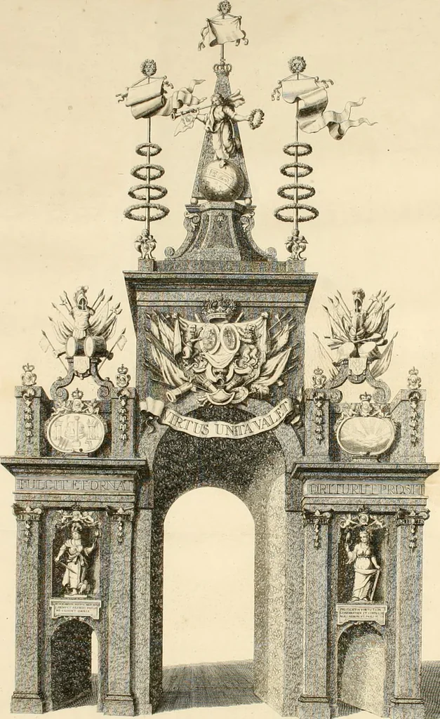 An illustration from Het blyde Breda, ofte, Kort verhaal van de plegtige intrede van den allerdoorlugtigsten vorst Willem Carel Hendrik Friso, prince van Oranje en Nassau ... als heer en baron van Breda, ende haare koninklyke hoogheid Anna, kroonprincesse van Engeland, Schotland ... : geschied op den XIII. van herfst-maand, MDCCXXXVII, 1737, leaf 20