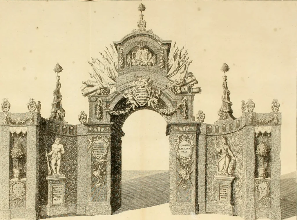 An illustration from Het blyde Breda, ofte, Kort verhaal van de plegtige intrede van den allerdoorlugtigsten vorst Willem Carel Hendrik Friso, prince van Oranje en Nassau ... als heer en baron van Breda, ende haare koninklyke hoogheid Anna, kroonprincesse van Engeland, Schotland ... : geschied op den XIII. van herfst-maand, MDCCXXXVII, 1737, leaf 25
