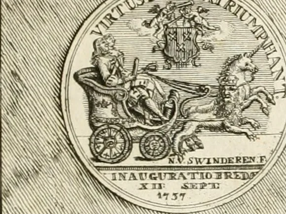 An illustration from Het blyde Breda, ofte, Kort verhaal van de plegtige intrede van den allerdoorlugtigsten vorst Willem Carel Hendrik Friso, prince van Oranje en Nassau ... als heer en baron van Breda, ende haare koninklyke hoogheid Anna, kroonprincesse van Engeland, Schotland ... : geschied op den XIII. van herfst-maand, MDCCXXXVII, 1737, leaf 84