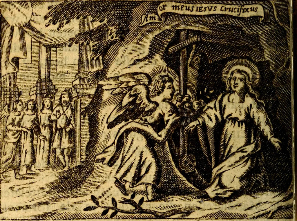 An illustration from Het duyfken in de steen-rotse; dat is, Eene mede-lydende ziele op de bittere passie Jesu Christi mediterende. Gemaekt door eenen Priester der Societeyt Jesu. 8. druck, rycker van stoffe, van beelden en van poësie, 1753, leaf 115