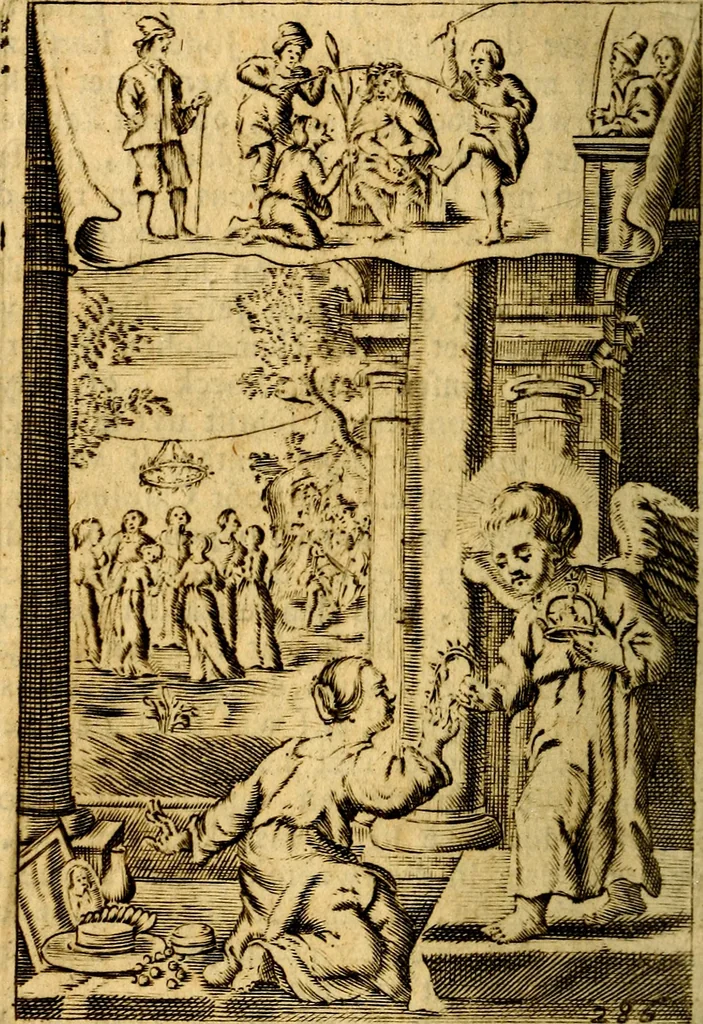 An illustration from Het duyfken in de steen-rotse; dat is, Eene mede-lydende ziele op de bittere passie Jesu Christi mediterende. Gemaekt door eenen Priester der Societeyt Jesu. 8. druck, rycker van stoffe, van beelden en van poësie, 1753, leaf 171