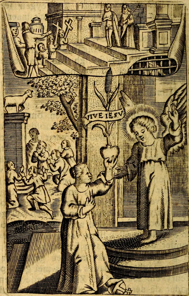 An illustration from Het duyfken in de steen-rotse; dat is, Eene mede-lydende ziele op de bittere passie Jesu Christi mediterende. Gemaekt door eenen Priester der Societeyt Jesu. 8. druck, rycker van stoffe, van beelden en van poësie, 1753, leaf 205
