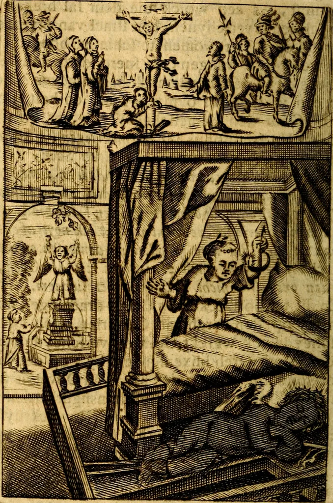 An illustration from Het duyfken in de steen-rotse; dat is, Eene mede-lydende ziele op de bittere passie Jesu Christi mediterende. Gemaekt door eenen Priester der Societeyt Jesu. 8. druck, rycker van stoffe, van beelden en van poësie, 1753, leaf 241