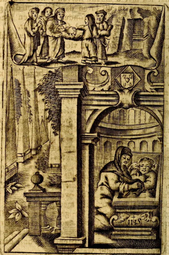 An illustration from Het duyfken in de steen-rotse; dat is, Eene mede-lydende ziele op de bittere passie Jesu Christi mediterende. Gemaekt door eenen Priester der Societeyt Jesu. 8. druck, rycker van stoffe, van beelden en van poësie, 1753, leaf 277