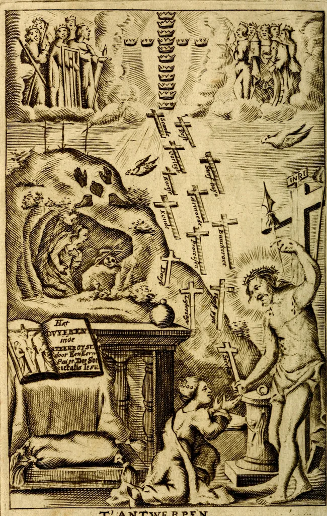 An illustration from Het duyfken in de steen-rotse; dat is, Eene mede-lydende ziele op de bittere passie Jesu Christi mediterende. Gemaekt door eenen Priester der Societeyt Jesu. 8. druck, rycker van stoffe, van beelden en van poësie, 1753, leaf 5