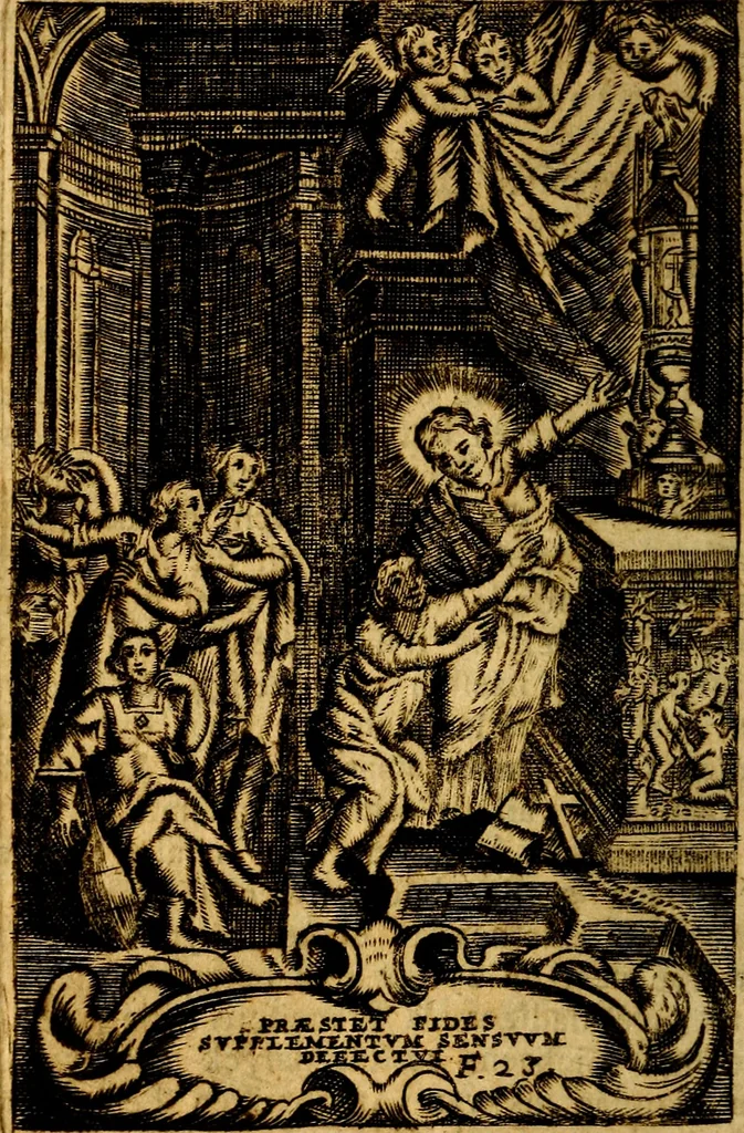 An illustration from Het duyfken in de steen-rotse; dat is, Eene mede-lydende ziele op de bittere passie Jesu Christi mediterende. Gemaekt door eenen Priester der Societeyt Jesu. 8. druck, rycker van stoffe, van beelden en van poësie, 1753, leaf 75
